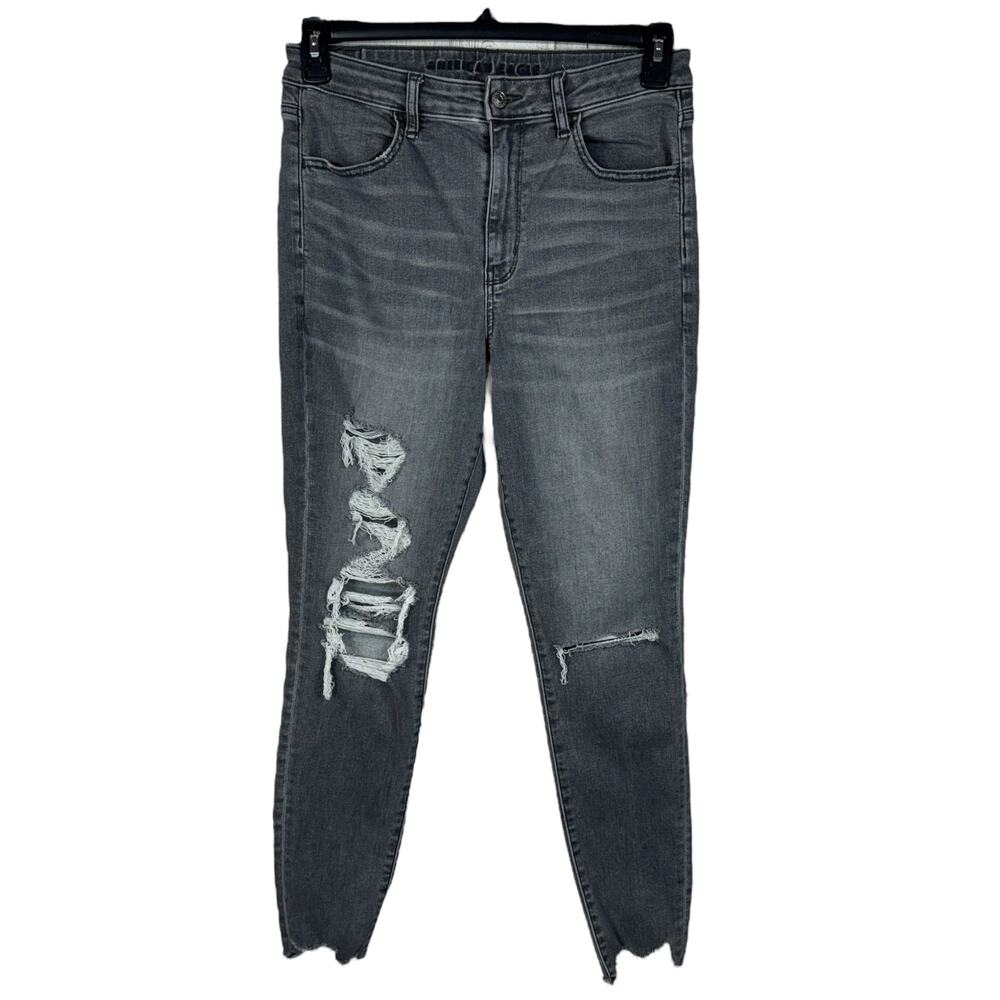 American Eagle SZ 10 Jeggings Jeans Super Hi-Rise Distressed Stretch Chewed Hems